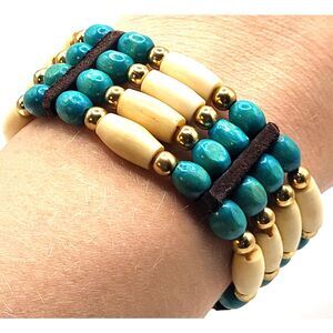 Native American Carved Horn Bovine Brass Wood Leather Bracelet 10in